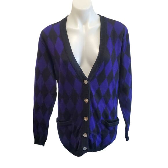 Vintage Purple Black Argyle Diamond Print Cardigan Punk Emo Y2K Grunge M/L - Picture 2 of 8